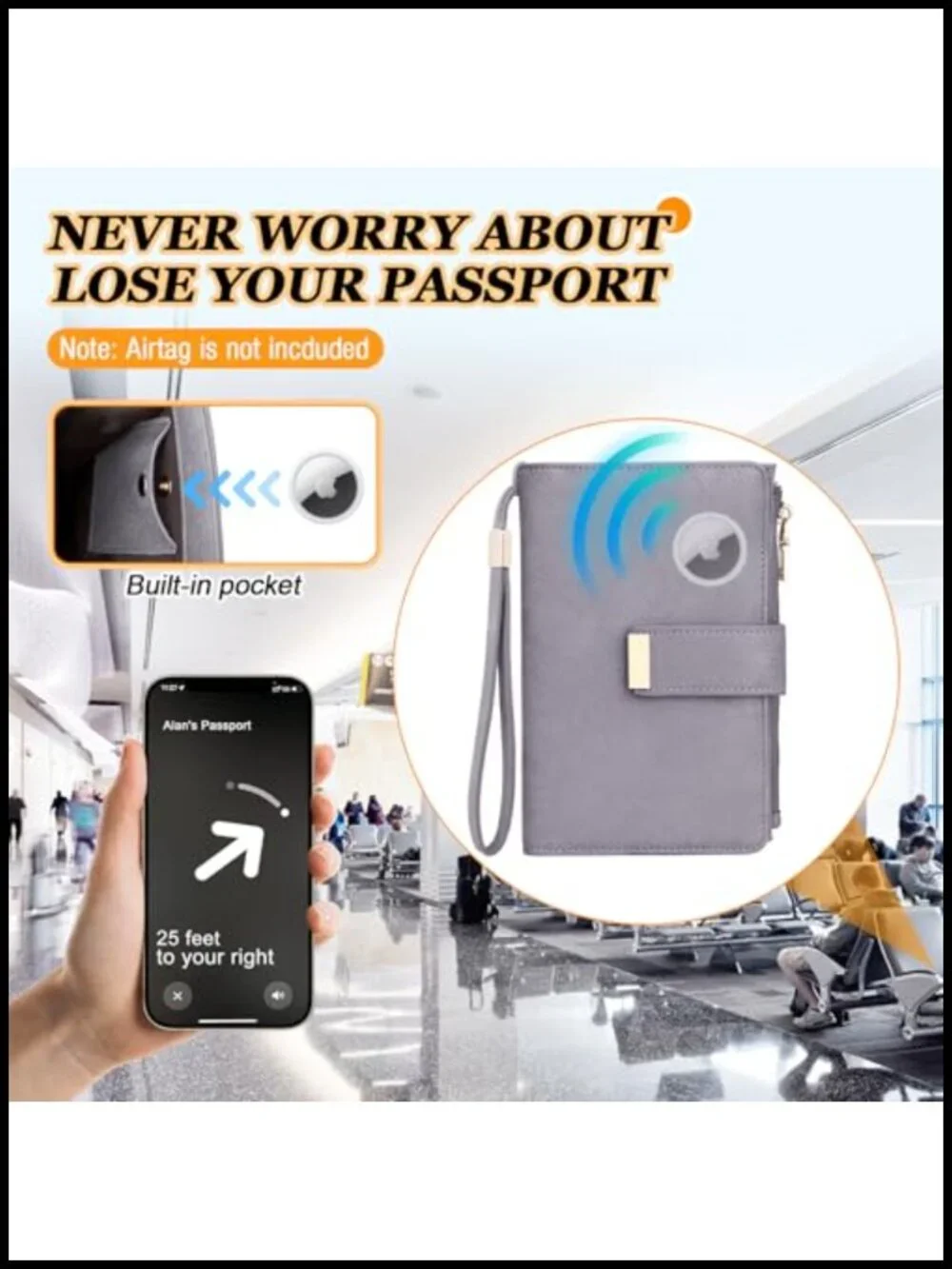 PU Leather Passport Holder with RFID Blocking & Airtag Slot for Travel